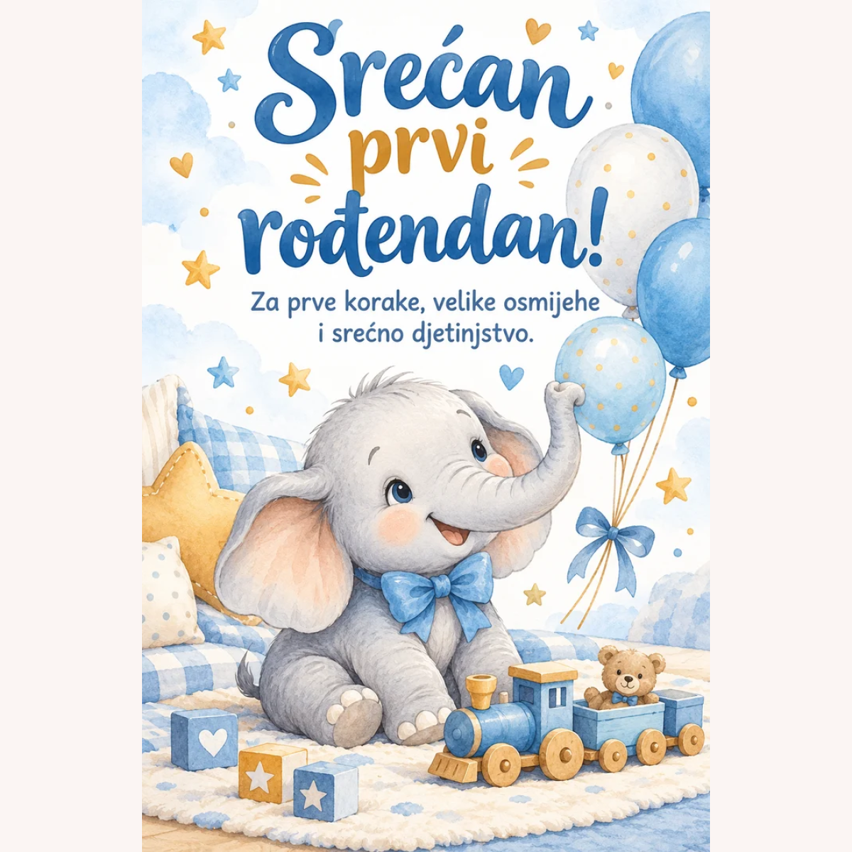 Čestitka · Srećan prvi rođendan - Plavi slonić – prikaz proizvoda