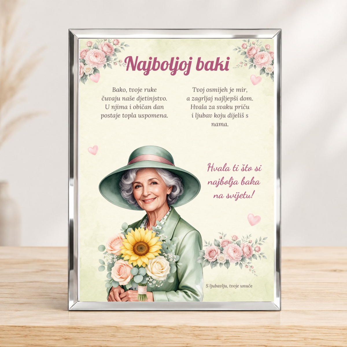 Najboljoj baki · Cvjetni zagrljaj · Foto staklo – uspravno – prikaz proizvoda